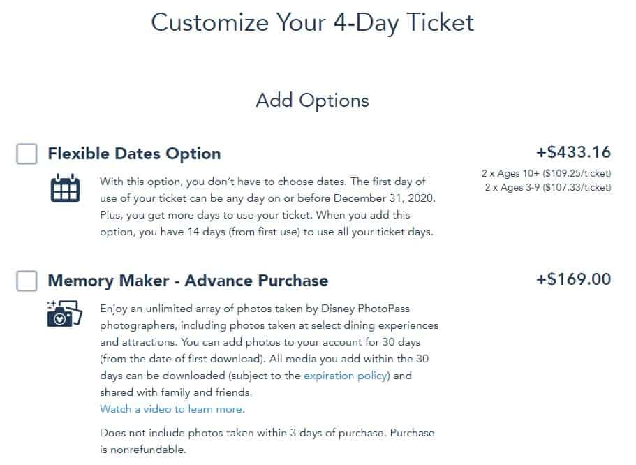 Disney World Theme Park Tickets extra options