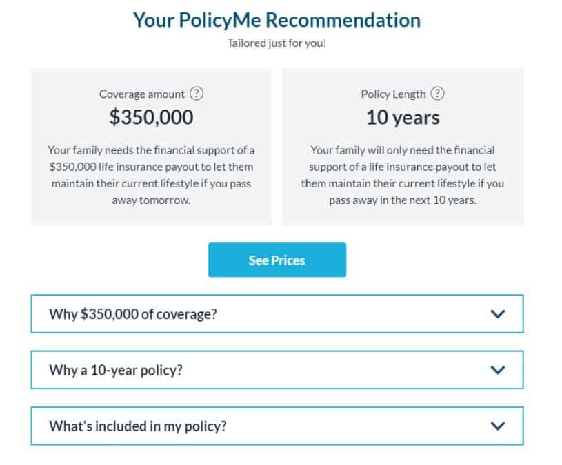 PolicyMe recommendations