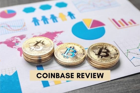Golden bitcoin coins on a graph paper with the words Coinbase Review written on it