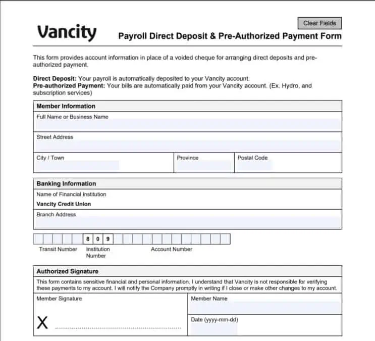 Vancity Direct Deposit Form