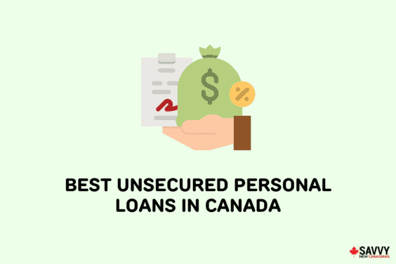 Text that reads “Best unsecured personal loans in Canada” underneath an image of a hand holding a bad of money and a clipboard with writing