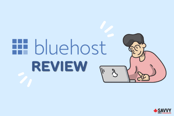 Text that reads "Bluehost Review" to the left of a cartoon person using a laptop