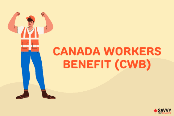 A cartoon man with an arm raised beside text that says “Canada Workers Benefit (CWB)”