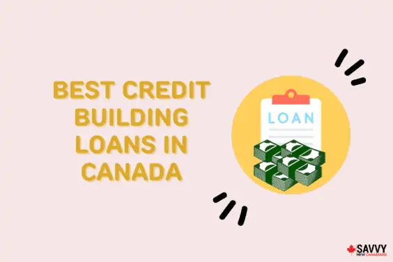 Text that reads “Best credit building loans in Canada” beside an image of a clipboard and paper money