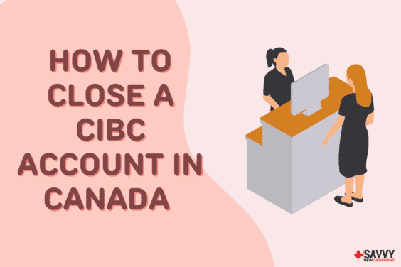 Text that reads "How to close a CIBC account in Canada" beside a cartoon image of two people, a desk, and computer