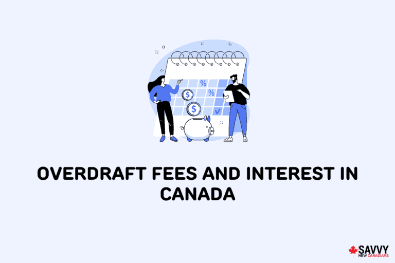 Text that reads “Overdraft Fees and Interest in Canada” below an image of two people and a piggy bank in front of a calendar