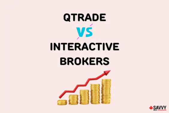 Text reading "qtrade vs interactive brokers" above an image of a stock graph with coins