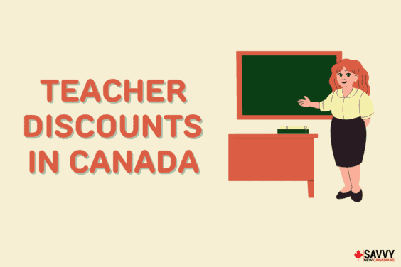 Text that reads “Teacher “Discounts in Canada” to the left of a cartoon teacher gesturing to a blackboard