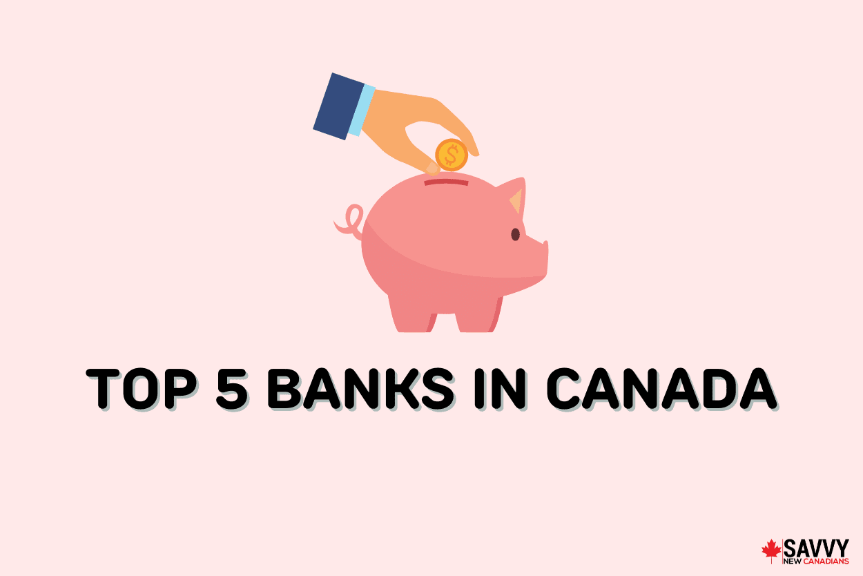 Text that reads “Top “5 banks in Canada” below an image of a piggy bank and a hand