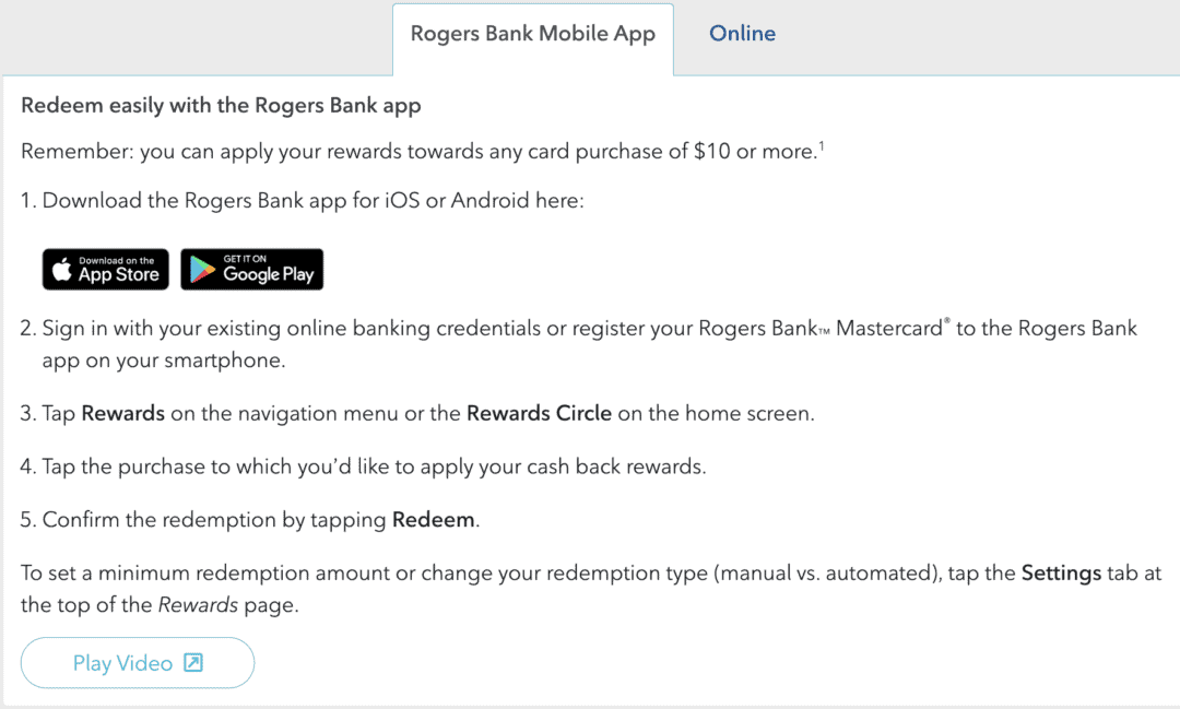 A screenshot of the Rogers Bank mobile app description how to redeem cash back rewards