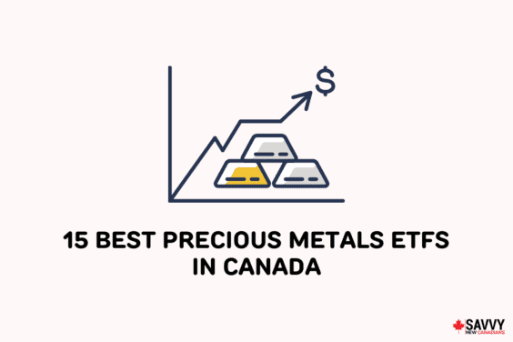 Text that reads “15 Best Precious Metals ETFs in Canada” under an image of gold and silver with an upward trend graph and an arrow