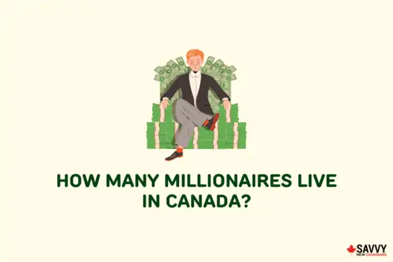 Text that reads “How many millionaires live in Canada?” below an image of a man sitting on a stack of paper money