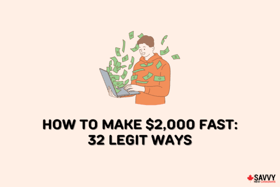 Text that reads “How to make $2000 fast: 32 legit ways” below an image of a man holding a laptop with money flying out of it