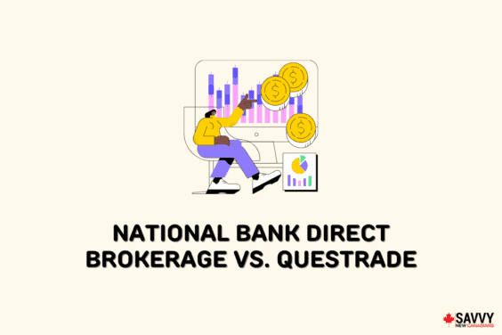 Text that reads “National Bank Direct Brokerage vs. Questrade” below an image of a person sitting in front of a computer screen pointing to coins and a graph