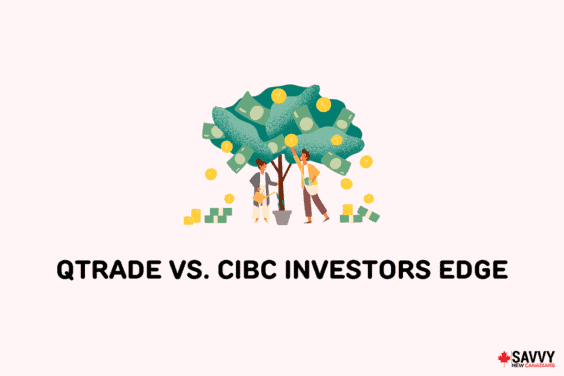 Text that reads “QTrade vs CIBC Investor’s Edge” below an image of a people taking mooney from a tree