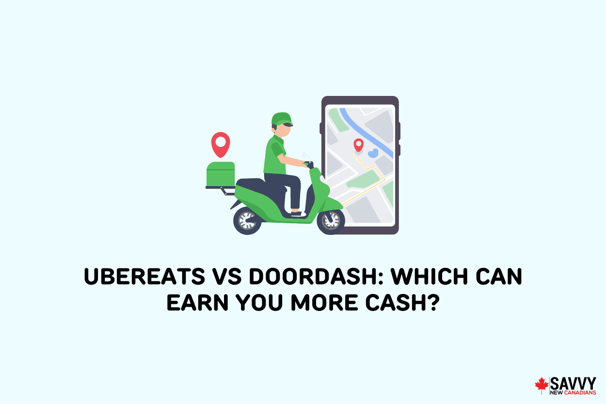 Text that reads “UberEats vs DoorDash: Which Can Earn You More Cash?” Below an image of a person riding a motorcycle and an map app on a smartphone in front of them