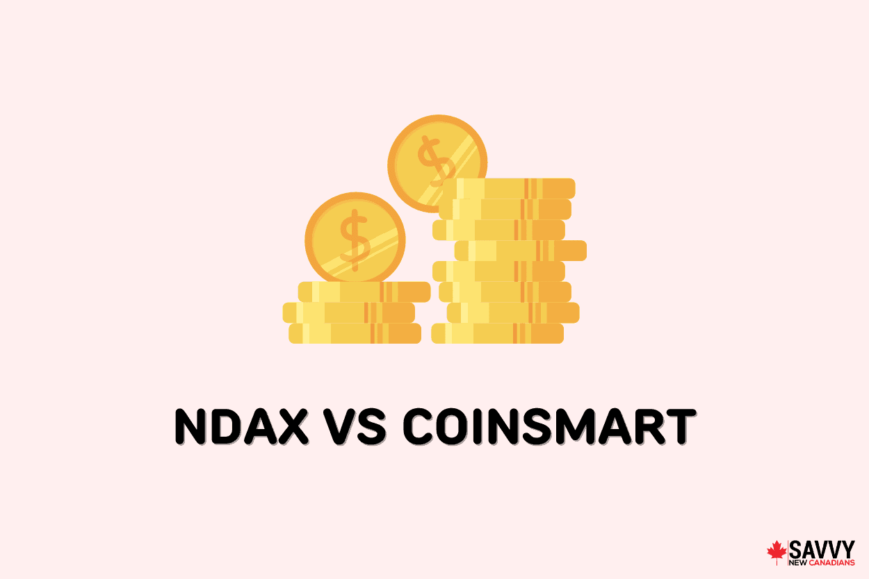 Text that reads “NDAX vs CoinSmart” under a stack of gold coins