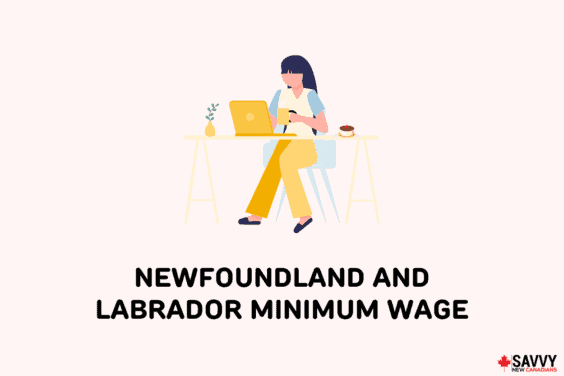 Text that reads “Newfoundland and Labrador Minimum Wage” under an image of a person working on a laptop at a desk
