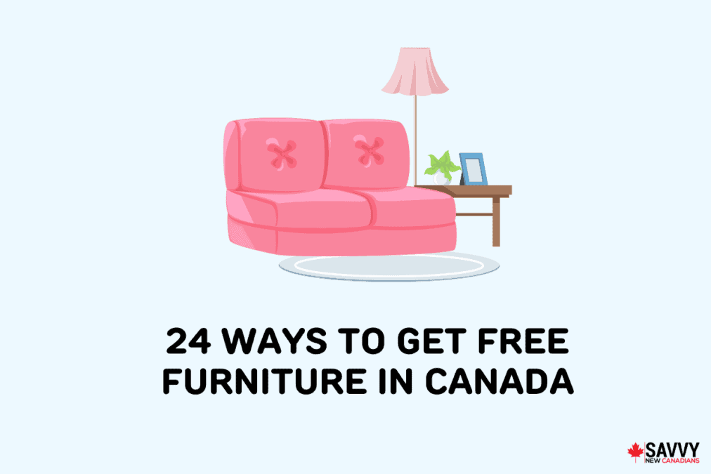 Text that reads “24 ways to Get Free Furniture in Canada” under an image of a couch, table, and lamp