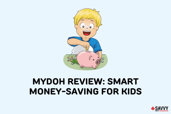 Text that reads “Mydoh Review: smart money-saving for kids” below an image of a boy putting coins into a piggy bank