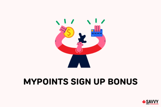 Text that reads “MyPoints sign up bonus” under an image of a person holding a coin in one hand and a credit card in the other