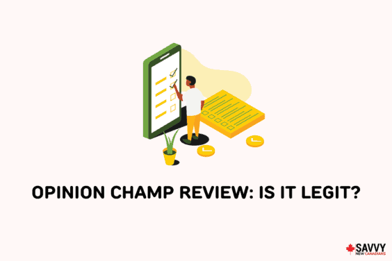 Text that reads “Opinion Champ Review: is it legit?” Under an image of a person filling out a survey on a giant smartphone