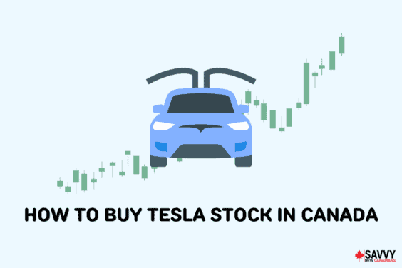 Text that reads “How To Buy Tesla Stock in Canada” below an image of an electric vehicle with a stock chart behind it