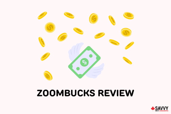 Text that reads “ZoomBucks Review” under an image of money with wings and coins falling around it