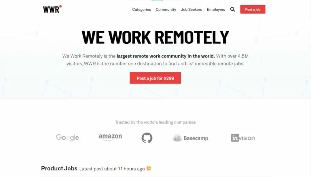 Screenshot from We Work Remotely homepage