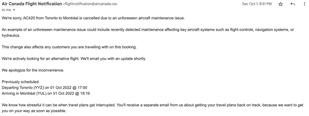 image showing air canada flight cancellation notice
