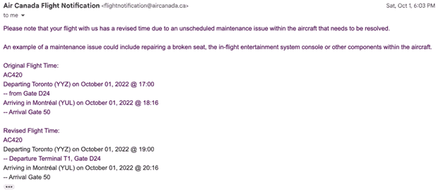 image showing air canada flight notification of further delays