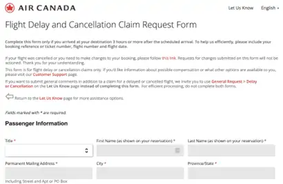 image showing flight delay and cancellation request form