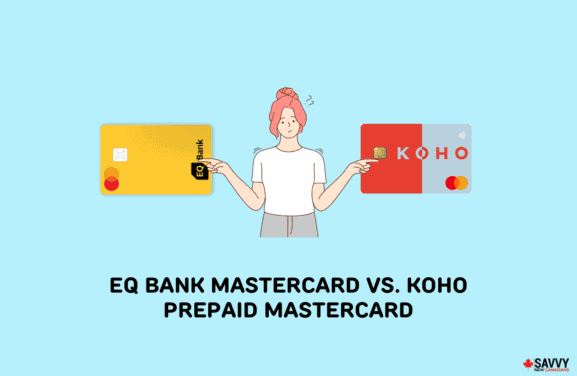 image showing a woman comparing EQ Bank Mastercard and KOHO Prepaid Mastercard