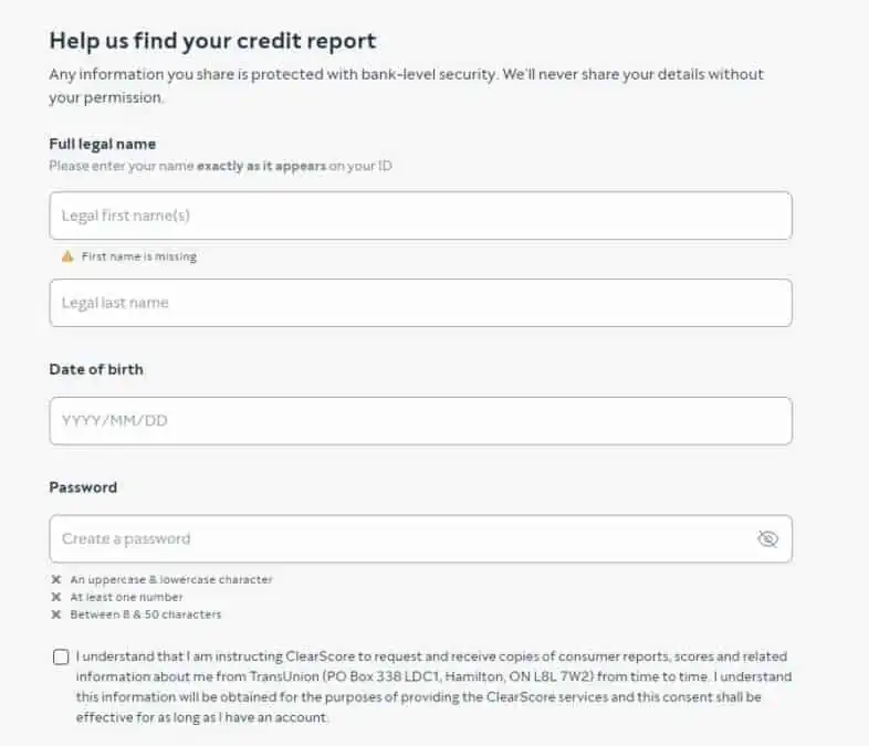 clearscore signup credit score 2