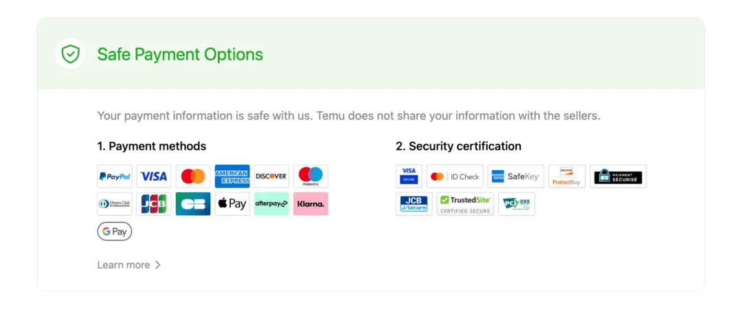 image showing temu payment options