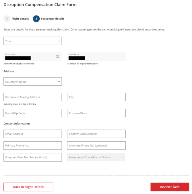 image showing air canada disruption claim form for passenger's details