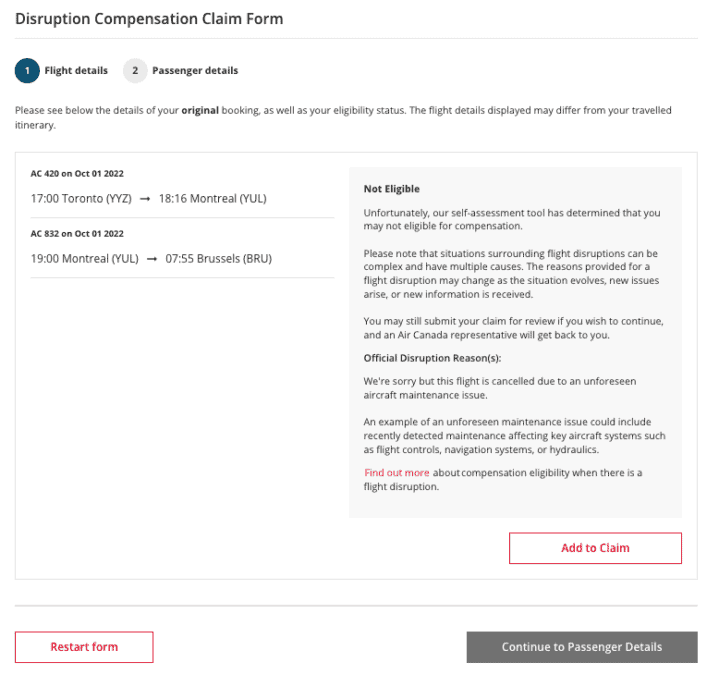 image showing a disruption compensation claim form by air canada