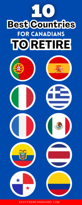 The 10 Best Countries for Canadians to Retire in 2024 13 image showing an infographic and flags of the best countries for canadians to retire