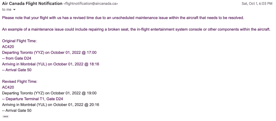 image showing flight changed notification from air canada